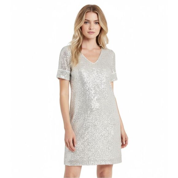 NWT CECE Sequin Sparkly Metallic Mini Shift Dress Size Large - Picture 1 of 7